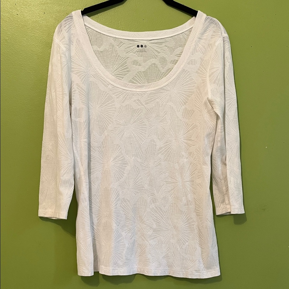 Three Dots 3/4 sleeve scoop neck tee with a burnout floral texture